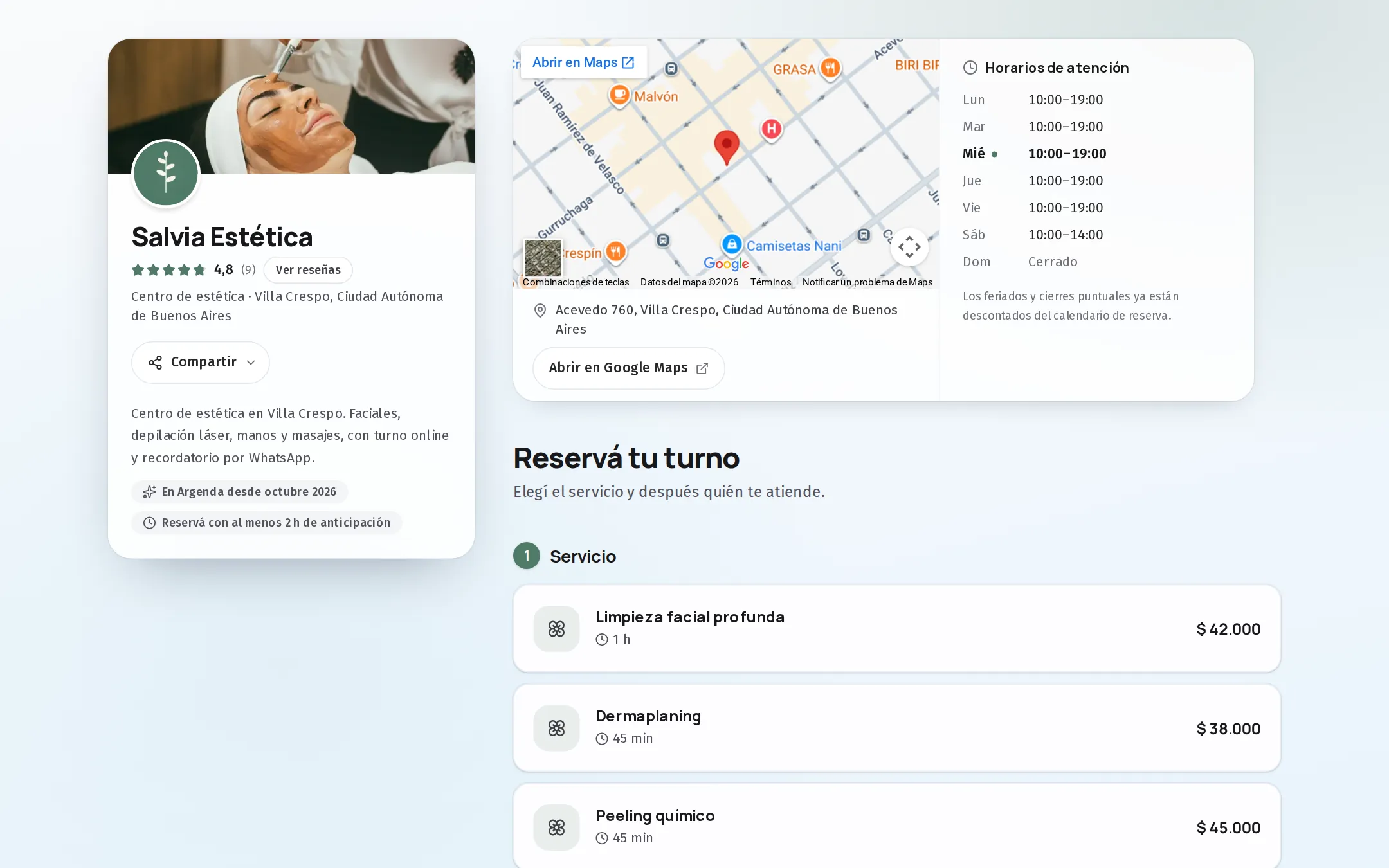 El sitio de reservas de Salvia Estética: la tarjeta del negocio con sus reseñas, el mapa, los horarios y la lista de servicios con precio para elegir el turno.