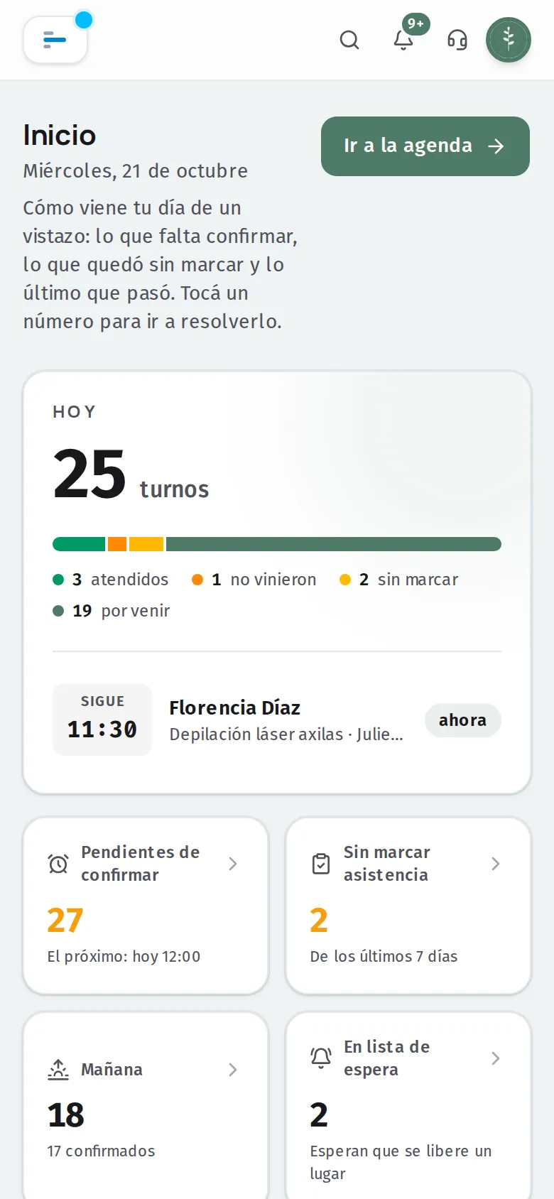 El inicio del panel de Argenda en un centro de estética: los turnos del día con cuántos ya se atendieron y cuántos faltan, el próximo turno, los pendientes de confirmar, la lista de espera y la actividad reciente.